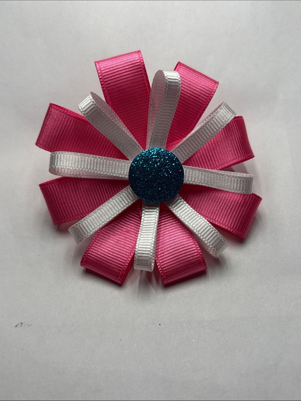 Pink and White Ribbon Flower Hair Bow with Blue Glitter Center